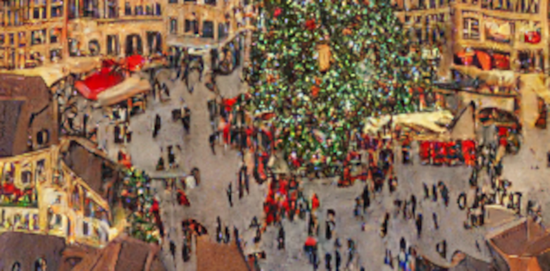 AI-generated drawing of Strasbourg France during Christmas season, zoomed in
